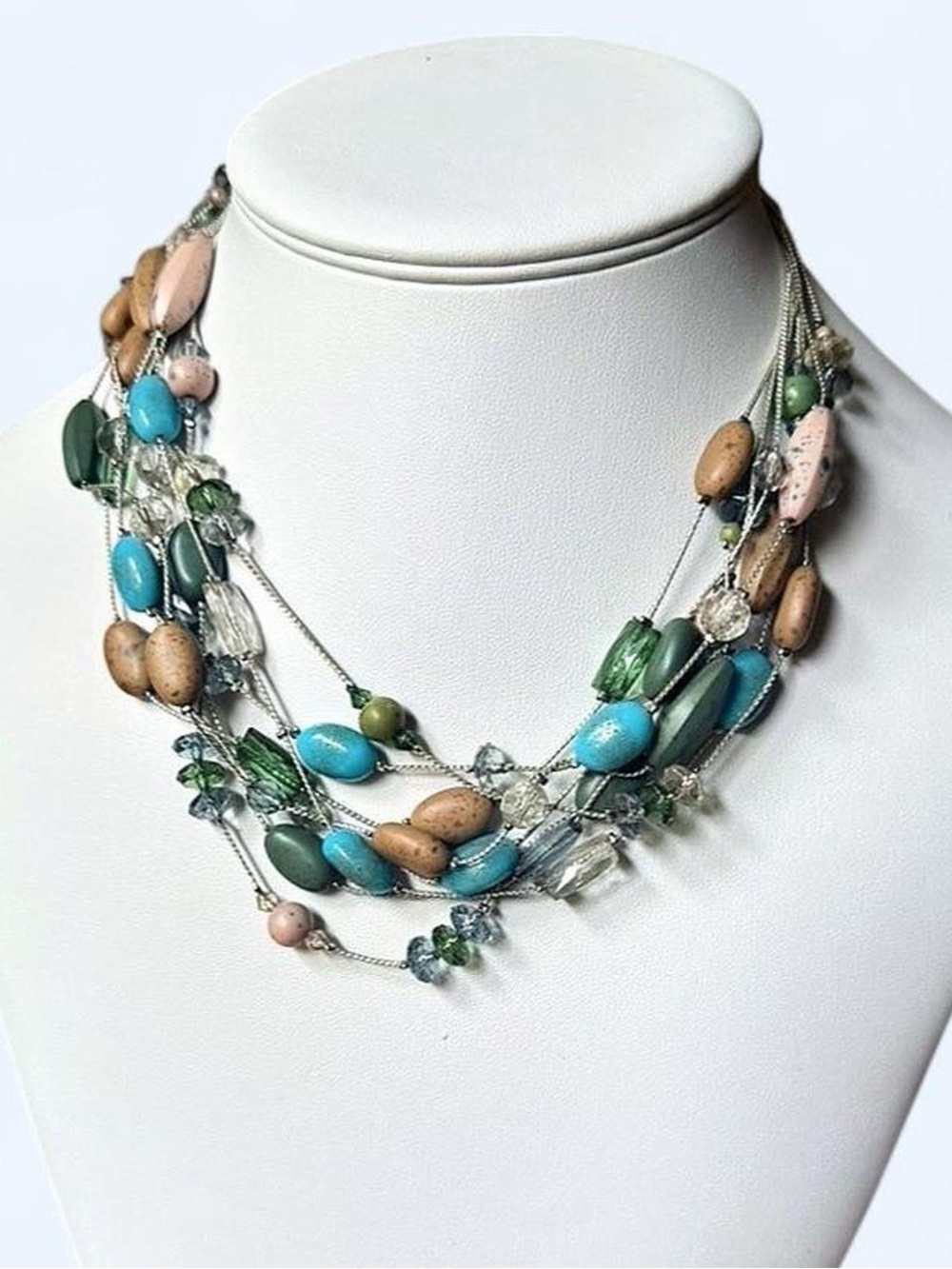 Cookie Lee Multi-Strand Beaded Statement Necklace - Coastal Boho Blue Green